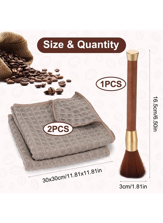 3 PCS Coffee Machine Brush Set, 1 Wooden Handle Espresso Cleaning Brush With 2 Cloths for Grinder and Accessories - Image 2